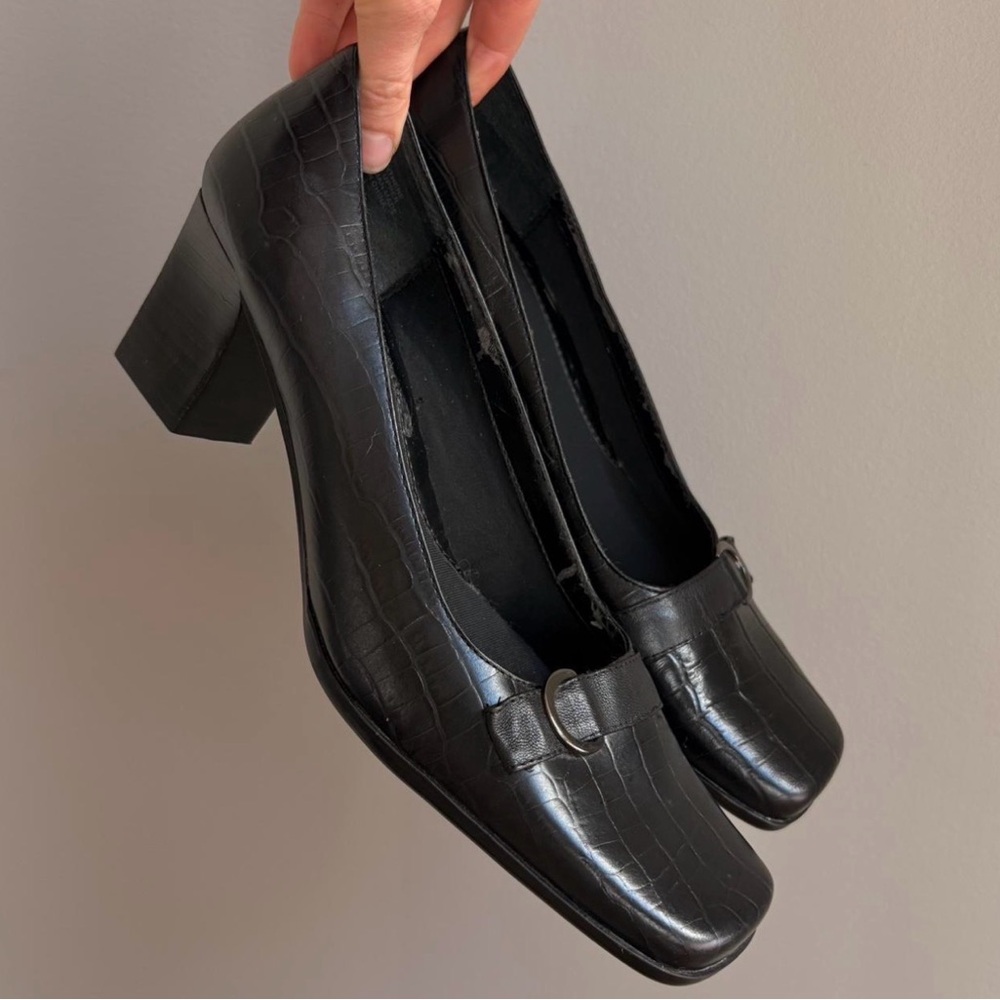 Elegant Black Leather Croc Embossed Heels with Buckle